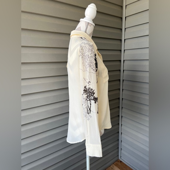 Line & Dot Cream Button-Up Long Sleeve Women's Top with Black Print Sz S - Picture 3 of 11